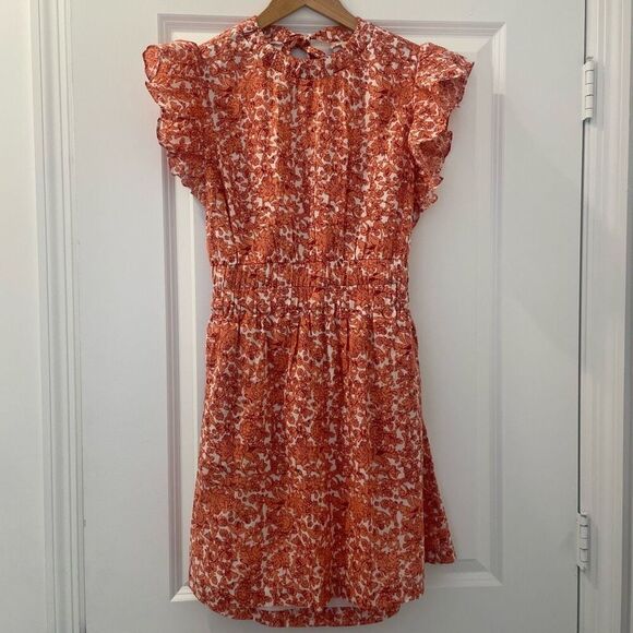 Elan Short Dress with Ruffle Sleeve & Criss Cross Back in Salmon Floral Santa Fe - Picture 3 of 7
